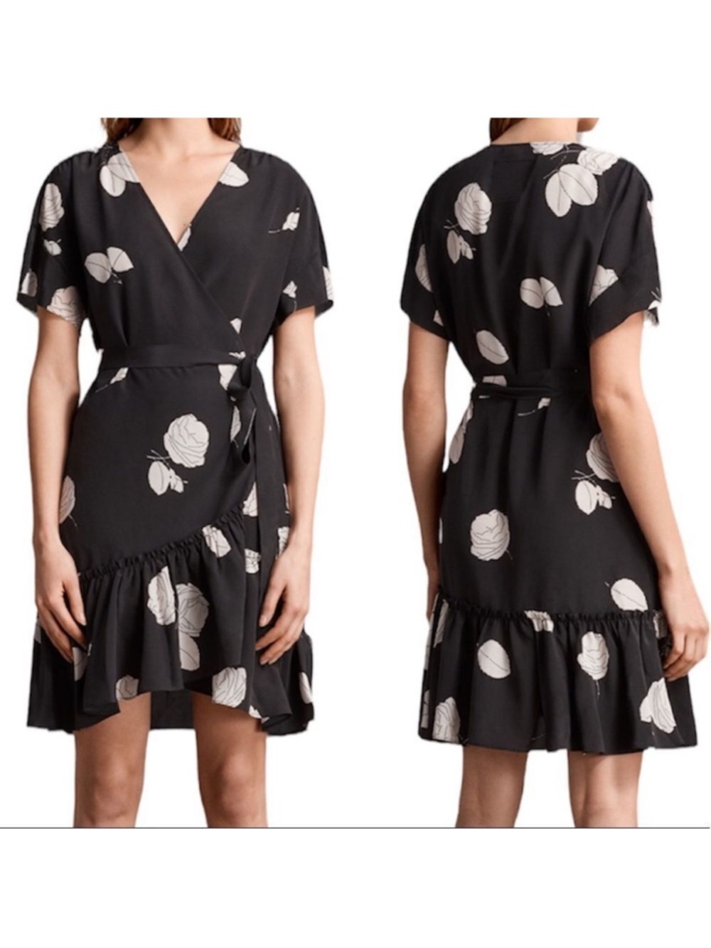 All Saints Rene Rodin Silk Wrap Dress Black With White Floral Print Size 0